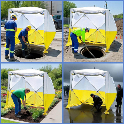 Pop Up Work Tent With Instant Tool Free Setup in use for outdoor construction and gardening, 6ft X 6ft X 6.6ft, waterproof and UV resistant.