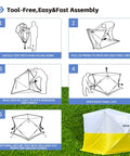 Instructions showing Pop Up Work Tent With Instant Tool Free Setup, Portable Shelter For Outdoor Worksite in assembly steps