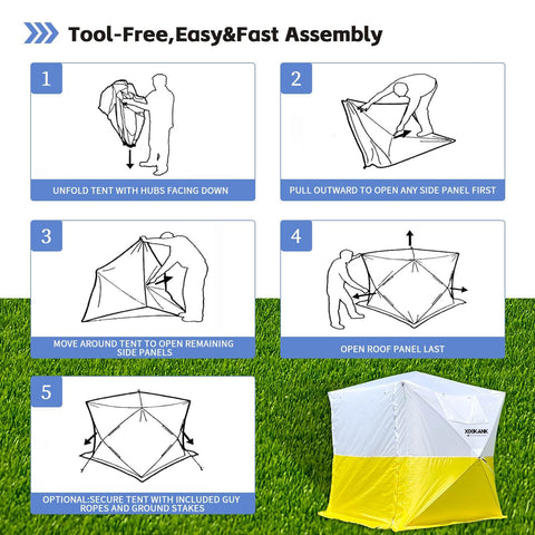 Instructions showing Pop Up Work Tent With Instant Tool Free Setup, Portable Shelter For Outdoor Worksite in assembly steps