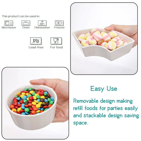 Divided Serving Dish Lazy Susan With 360 Degree Rotating Porcelain Tray On Bamboo Base showing removable compartments with candy
