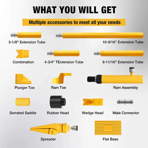 6 Ton Porta Power Kit Hydraulic Ram Pusher Puller accessories including extension tubes, ram toe, wedge head, and flat base