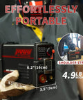 Person holding 110V 135A MMA Arc Welder With Digital Display And Overheat Protection, showing compact size and shoulder strap for portability.