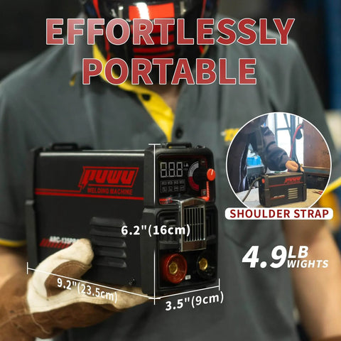 Person holding 110V 135A MMA Arc Welder With Digital Display And Overheat Protection, showing compact size and shoulder strap for portability.