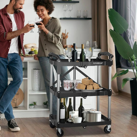 Portable Folding Service Cart With Three Tiers 330 Lb Capacity Workhorse Rolling Utility Cart On Wheels For Warehouse And Home Workshop Garage Restaurant And Office Use No Assembly Required