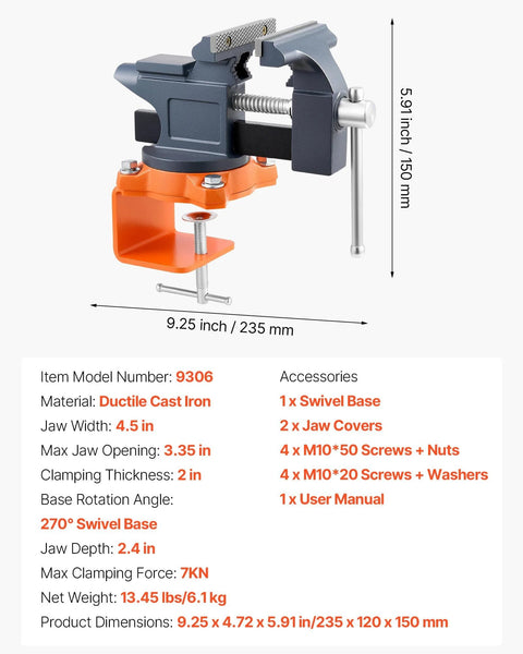 4.5 Inch Bench Vise with 270 Degree Swivel Base, made of ductile cast iron, shown with quick release rotating clamp.