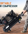 Person moving Albott 6.5HP Gas Powered Air Compressor, 8 Gallon Horizontal Tank with Wheels 10CFM@Max 115PSI, 196cc Loncin Engine