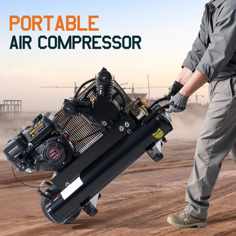 Person moving Albott 6.5HP Gas Powered Air Compressor, 8 Gallon Horizontal Tank with Wheels 10CFM@Max 115PSI, 196cc Loncin Engine