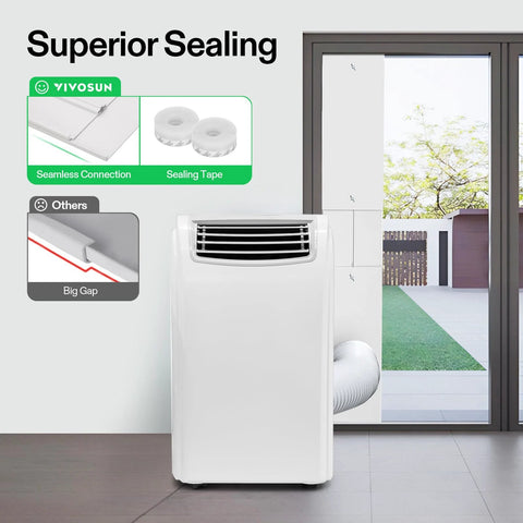 Portable AC Sliding Door Vent Kit With Adjustable Length From 16.9 To 88.6 Inches Fits 5.1 And 5.9 Inch Exhaust Hoses For Sliding Doors Or Windows Seals Outside Air Keeps Indoor Air Cool Or Warm Reduces Energy Use And Simplifies Installation showing setup with portable AC.