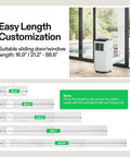 Portable AC Sliding Door Vent Kit With Adjustable Length From 16.9 To 88.6 Inches Fits 5.1 And 5.9 Inch Exhaust Hoses For Sliding Doors Or Windows Seals Outside Air Keeps Indoor Air Cool Or Warm Reduces Energy Use And Simplifies Installation with visual guide for length adjustments.