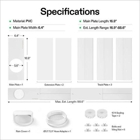 Specifications of Portable AC Sliding Door Vent Kit With Adjustable Length From 16.9 To 88.6 Inches Fits 5.1 And 5.9 Inch Exhaust Hoses