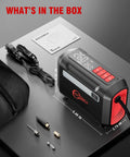 R8 Tire Inflator Portable Air Compressor 12V DC with accessories, dual digital screen, cables, and adapters included in the box.
