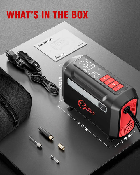 R8 Tire Inflator Portable Air Compressor 12V DC with accessories, dual digital screen, cables, and adapters included in the box.