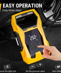 AC DC Tire Inflator Portable Air Compressor With Dual Power Supply showing digital gauge and easy operation steps