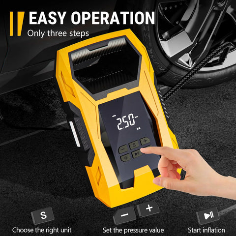 AC DC Tire Inflator Portable Air Compressor With Dual Power Supply showing digital gauge and easy operation steps