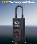 Cordless Tire Inflator Portable Air Compressor 150 PSI with Pressure Gauge and LED Light, dimensions shown