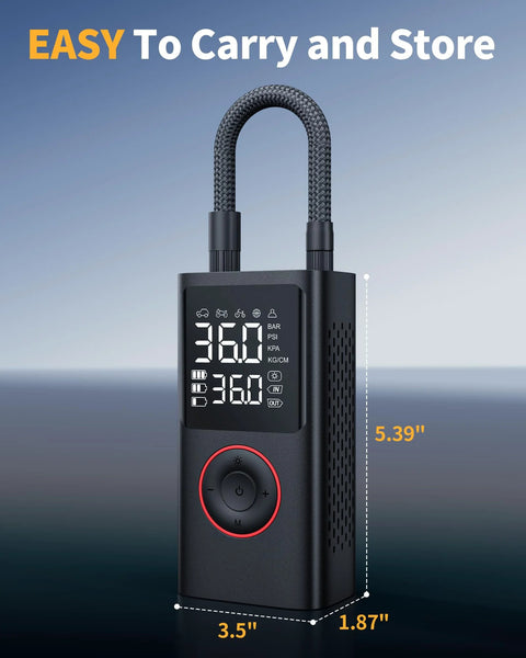 Cordless Tire Inflator Portable Air Compressor 150 PSI with Pressure Gauge and LED Light, dimensions shown