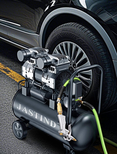 Industrial Air Blow Gun with Brass Adjustable Air Flow Nozzle and 2 Steel Extension connected to compressor near car tire.