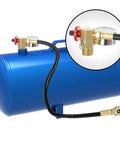 All in one Portable Air Tank Repair Kit with brass shut off valve, 0-200 psi gauge, safety bypass valve and 4 ft hose attached to blue tank