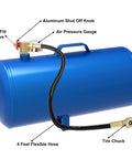 Image of a blue portable air tank with an aluminum shut off knob, air pressure gauge, 4 feet flexible hose, and tire chuck.