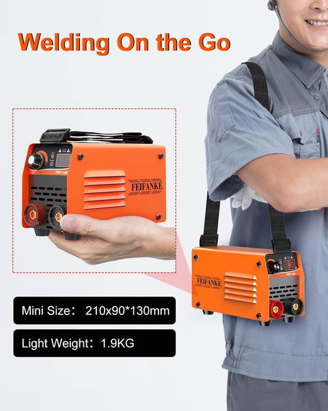 Ultra Mini 140A 110V Arc And Lift TIG Welder with shoulder strap shown in use for portable welding, compact design