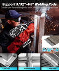 Person using Portable 110V Arc Welder With Auto Darkening Goggles IGBT Inverter Handheld Stick Welder Six Current Settings welding metal
