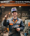 Man holding Ultra Portable 110V 200A IGBT Inverter ARC Welder With Digital Display, wearing helmet, in industrial setting