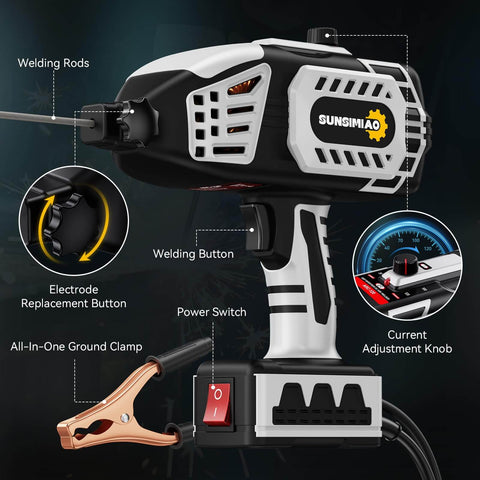 Portable 110V Arc Welder with IGBT Inverter for handheld use, showing welding rods, power switch, and current adjustment knob by Sunsimiao