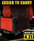 Person holding 200 Amp Arc Welder Kit For Home And DIY Portable 110V Stick Welder With IGBT Inverter, weighing 4.2 lbs.