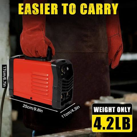 Person holding 200 Amp Arc Welder Kit For Home And DIY Portable 110V Stick Welder With IGBT Inverter, weighing 4.2 lbs.