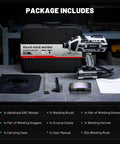 Portable 110V Arc Welder With Auto Darkening Goggles IGBT Inverter Handheld Stick Welder displayed with case, helmet, and accessories