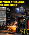 200 Amp Arc Welder Kit For Home And DIY Portable 110V Stick Welder with images of welding rods and person welding