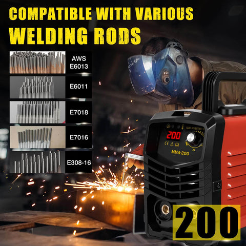 200 Amp Arc Welder Kit For Home And DIY Portable 110V Stick Welder with images of welding rods and person welding