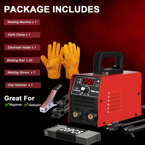 Ultra Portable 110V ARC Welder Stick Machine, 250Amp Mini GNI Welder With 20 Rods, Lightweight 3.5lb and gloves displayed