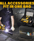 Person using Portable 110V Arc Welder with IGBT Inverter, showing carrying case with accessories, Beast Performance ZEGJAW for home projects.