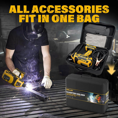 Person using Portable 110V Arc Welder with IGBT Inverter, showing carrying case with accessories, Beast Performance ZEGJAW for home projects.