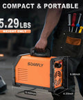Person carrying Dual Voltage 110V 220V 250Amp Arc Welder With Large Led Display Portable IGBT Inverter Stick Welder Soarfly, side view
