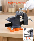 4.5 Inch Bench Vise With 270 Degree Swivel Base And Quick Release Rotating Clamp, orange base on workbench, close-up of grip