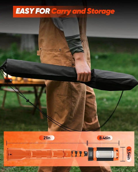 Person carrying Beefed Up 12000mAh Portable Camping Light With Stand, 3200 Lumen Rechargeable Work Light, in a carry bag.