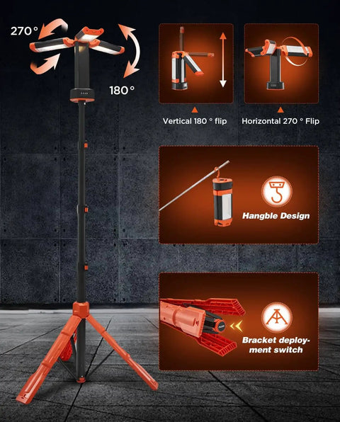 Beefed Up 12000mAh Portable Camping Light with Stand, detachable, 73.2 inch tall, three rotatable panels, LD10 Orange