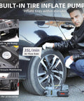 Man using Portable 5 Ton 12V Electric Car Jack Kit With Hydraulic Floor Jack Impact Wrench And Built In 150 PSI Tire Inflator on car tire