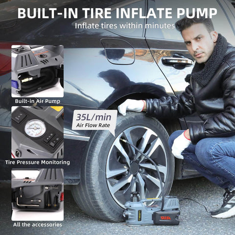 Man using Portable 5 Ton 12V Electric Car Jack Kit With Hydraulic Floor Jack Impact Wrench And Built In 150 PSI Tire Inflator on car tire
