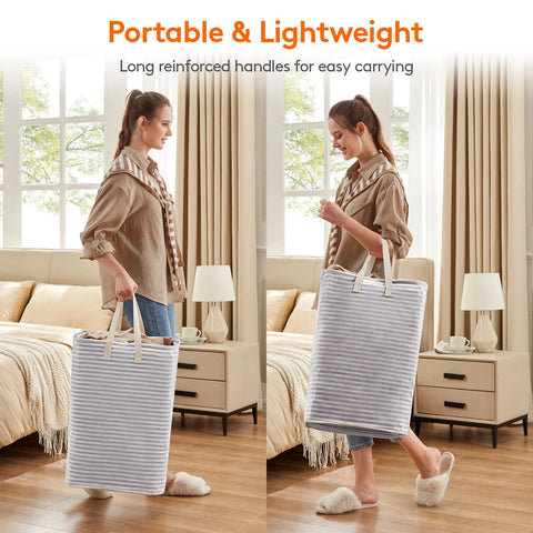 Person carrying Two Pack Large Collapsible Laundry Hampers 80L Each Freestanding Waterproof Interior Foldable Laundry Baskets With Easy Carry Handles For Laundry Room Bedroom Bathroom College Dorm Grey 2x80L