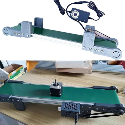 Automatic Belt Conveyor Portable Conveyor Table with green rubber PVC belt and power adapter for factory production line 10x70 cm
