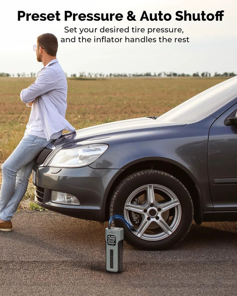 Man leaning on car with Cordless Tire Inflator Portable Air Compressor With Digital Pressure Gauge And LED Light in use