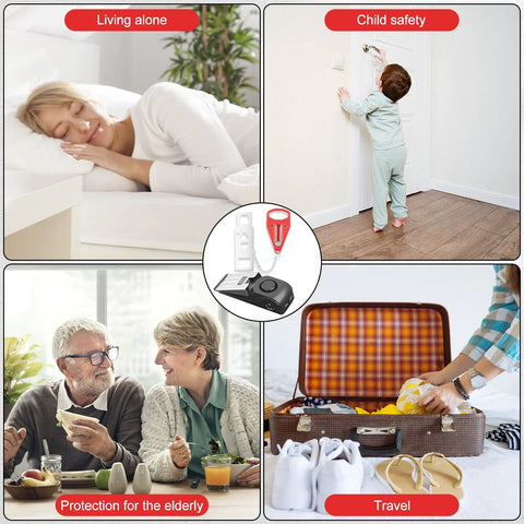 Collage of Portable Door Lock And Alarm Kit For Travel And Home Privacy And Safety Dual Protection With A Door Stop Alarm And 120 dB Siren in use for various needs.