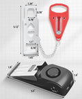 Portable Door Lock And Alarm Kit For Travel And Home Privacy And Safety Dual Protection With A Door Stop Alarm And 120 dB Siren Ideal For Hotels Apartments Dorms College Campuses And On The Go Security showing lock and alarm dimensions on graph paper background.