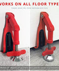 Portable Door Lock Brace for Home Security and Personal Protection installed on carpet and wood floor.