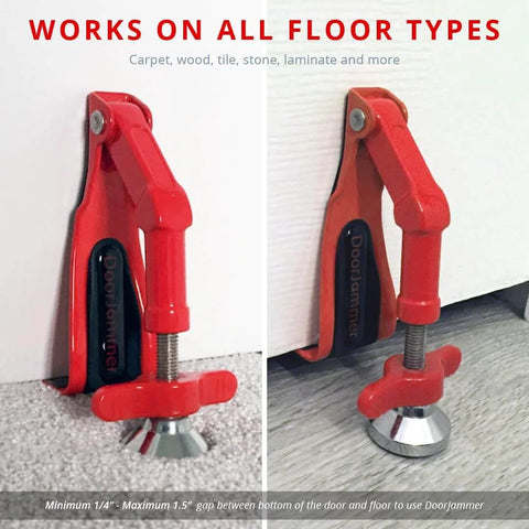 Portable Door Lock Brace for Home Security and Personal Protection installed on carpet and wood floor.