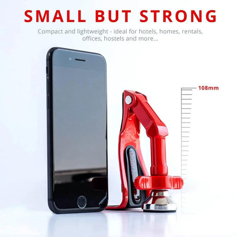 Portable Door Lock Brace for Home Security and Personal Protection | Hotel Room, Apartment Safety, Travel Door Stopper shown beside phone