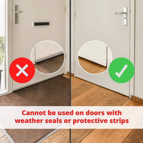 Two doors side by side, one with a weather strip, unsuitable for Portable Door Lock Brace for Home Security and Personal Protection.
